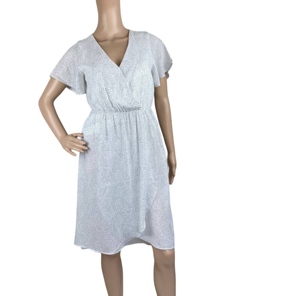 Sienna Sky S White Speckle Dot Mock Wrap Dress V-Neck Elastic Waist High Low Hem